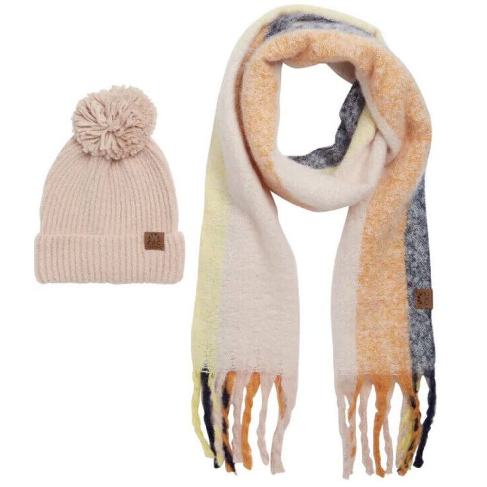 New C & C California 2 Pc. Giftset Rib Pom Beanie & Scarf Set Pink Blush Soft